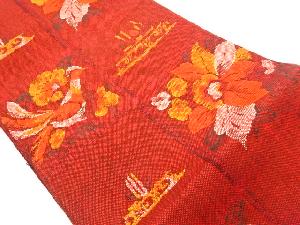 手織り紬花鳥模様織出し名古屋帯